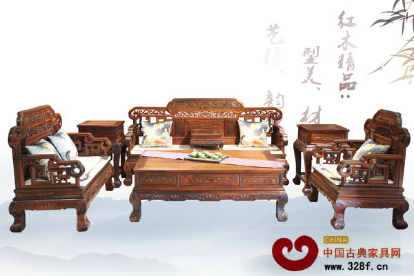 艺红轩红木获奖作品《大红酸枝六福同春沙发》,给人以大气稳重之感的同时却不失典雅精致 艺红轩红木获奖作品《大红酸枝六福同春沙发》,给人以大气稳重之感的同时却不失典雅精致