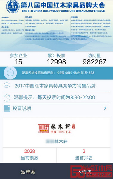 林木轩被中国红木家具品牌大会组委会提名为“2017中国红木家具特具竞争力销售品牌”候选品牌