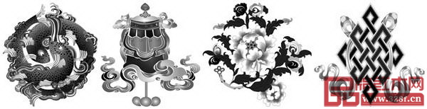 佛八宝纹(从左至右:金鱼、宝伞、莲花、盘肠) 佛八宝纹(从左至右:金鱼、宝伞、莲花、盘肠)
