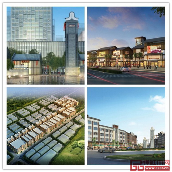 红博城二期——尚都文创空间效果图（左上）；大涌红木品牌园效果图（右上）；南华红木家具产业园效果图（左下）；兴涌东路效果图（右下）