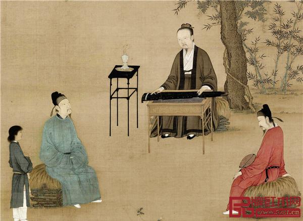 《赵佶听琴图》描绘官僚贵族雅集听琴的场景。抚琴者宋徽宗赵佶居中端坐,凝神抚琴。黑漆香几与琴桌,造型非常雅致 《赵佶听琴图》描绘官僚贵族雅集听琴的场景。抚琴者宋徽宗赵佶居中端坐,凝神抚琴。黑漆香几与琴桌,造型非常雅致