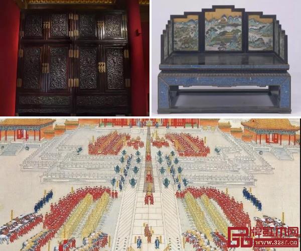紫檀雕龙顶箱立柜(左上)、紫檀嵌珐琅宝座(右上)和《皇后妆奁图》(下) 紫檀雕龙顶箱立柜(左上)、紫檀嵌珐琅宝座(右上)和《皇后妆奁图》(下)