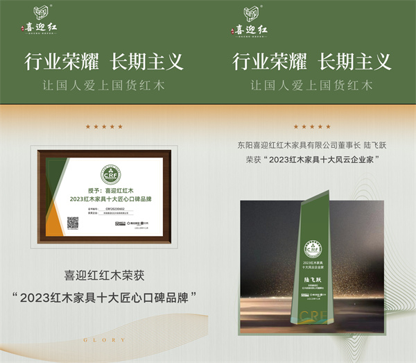 喜迎红红木荣获“2023红木家具十大匠心口碑品牌”,董事长陆飞跃荣获“2023红木家具十大风云企业家”称号 喜迎红红木荣获“2023红木家具十大匠心口碑品牌”,董事长陆飞跃荣获“2023红木家具十大风云企业家”称号